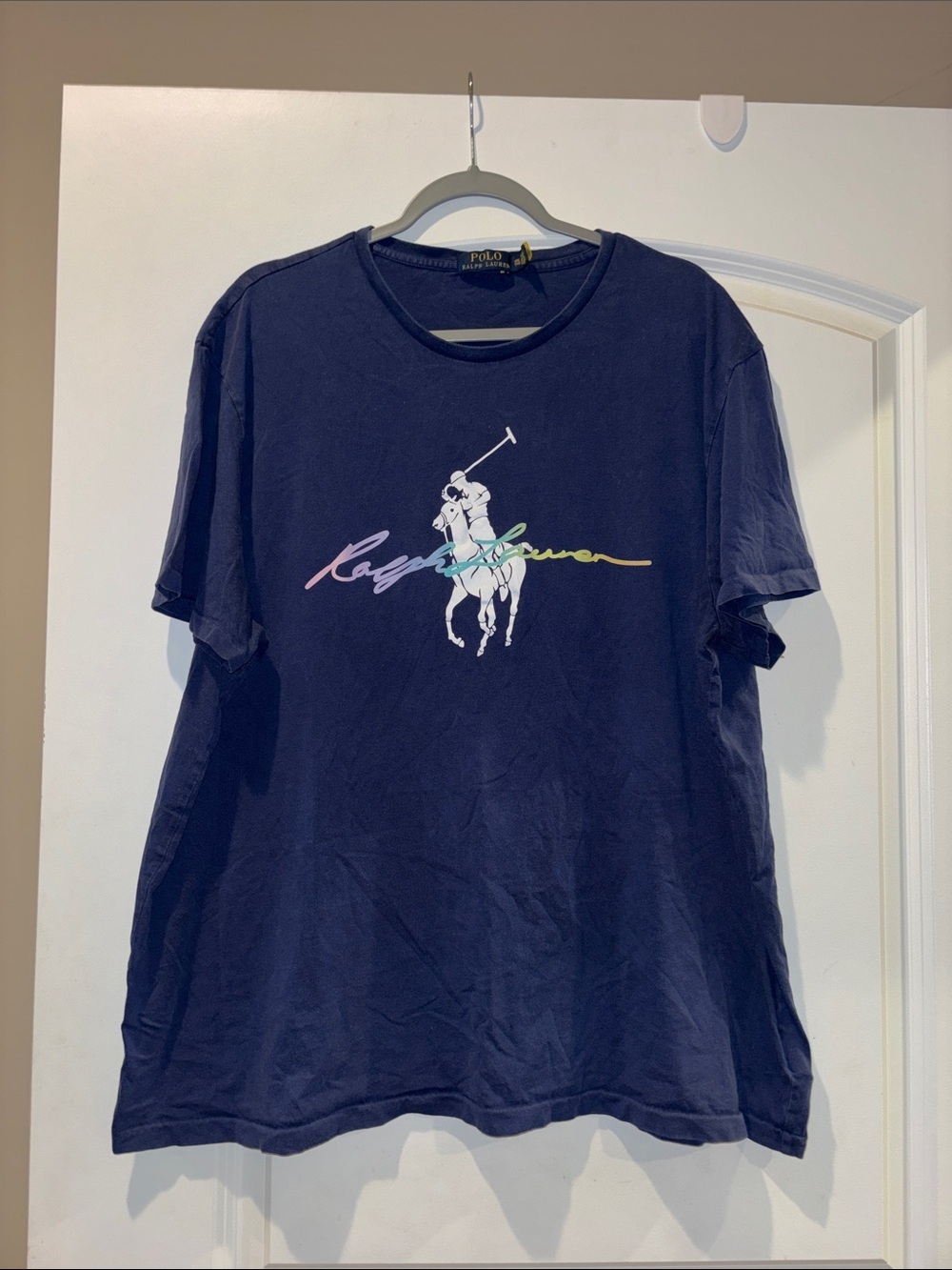 Ralph Lauren Navy Tee with White Polo Rider and Pastel Script